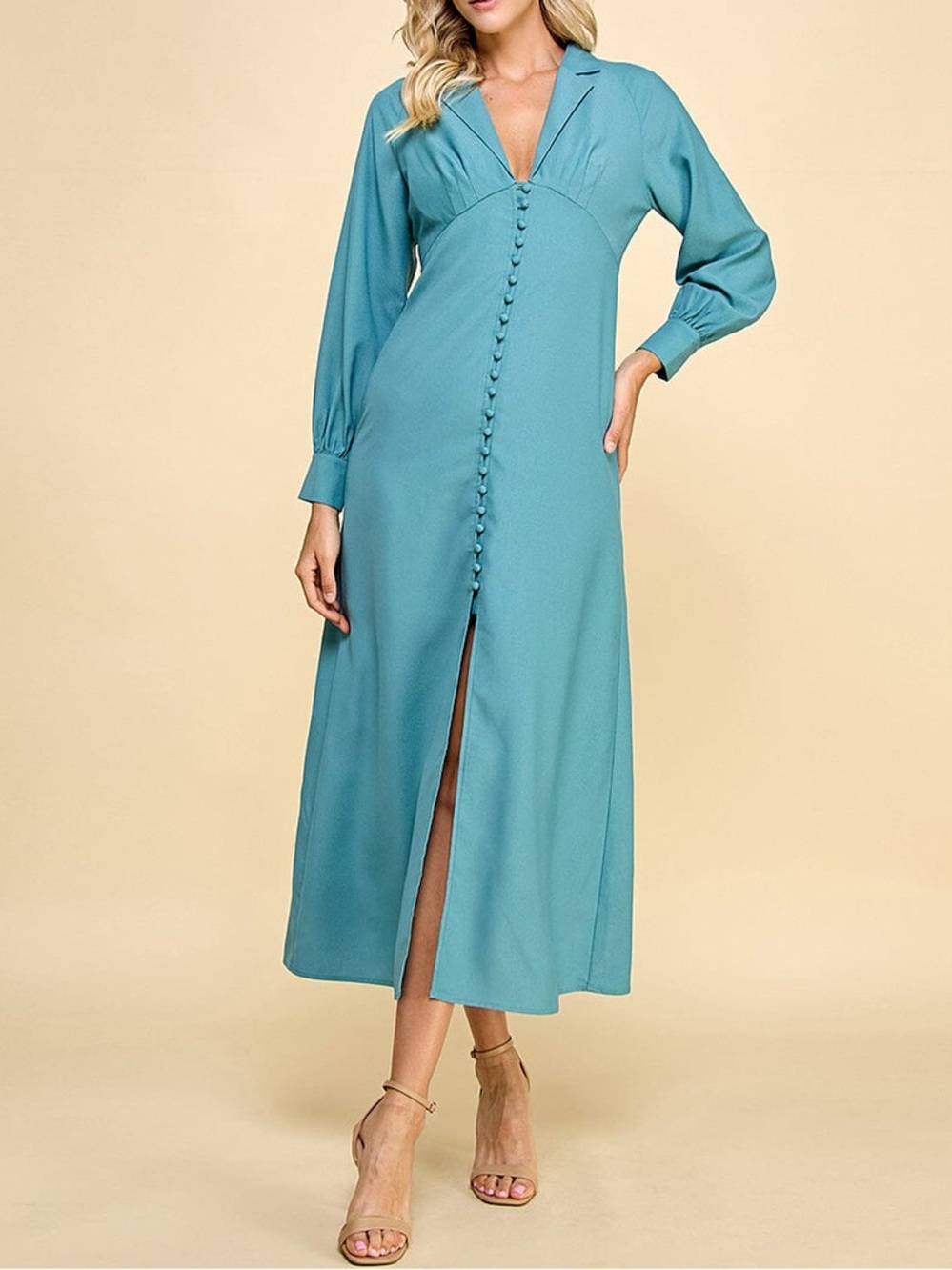 🟠NWT ALANIA Long Sleeve V-Neck Button Front Maxi Dress in Dusty Teal